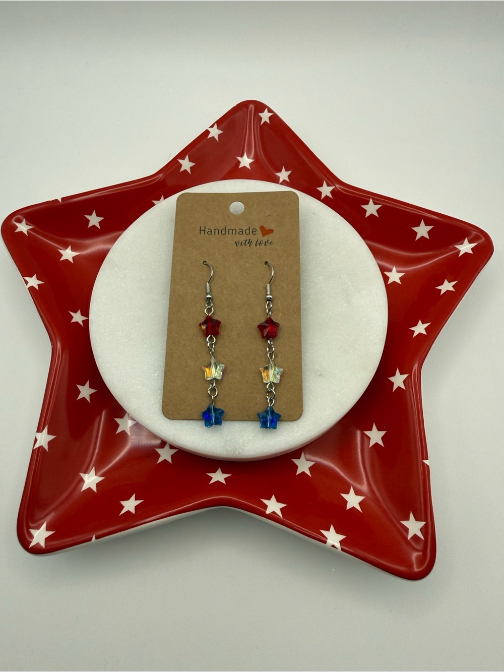 USA 250 Crystal Star Dangle Earrings – Red, White & Blue Patriotic – America